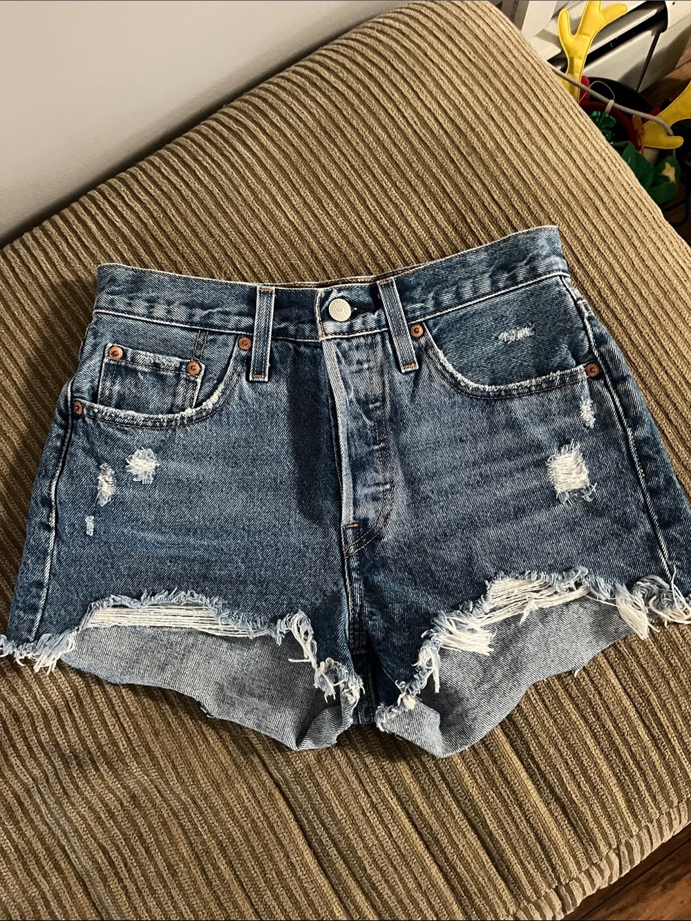 Levi's Distressed Dark Blue High-Rise Jean Shorts